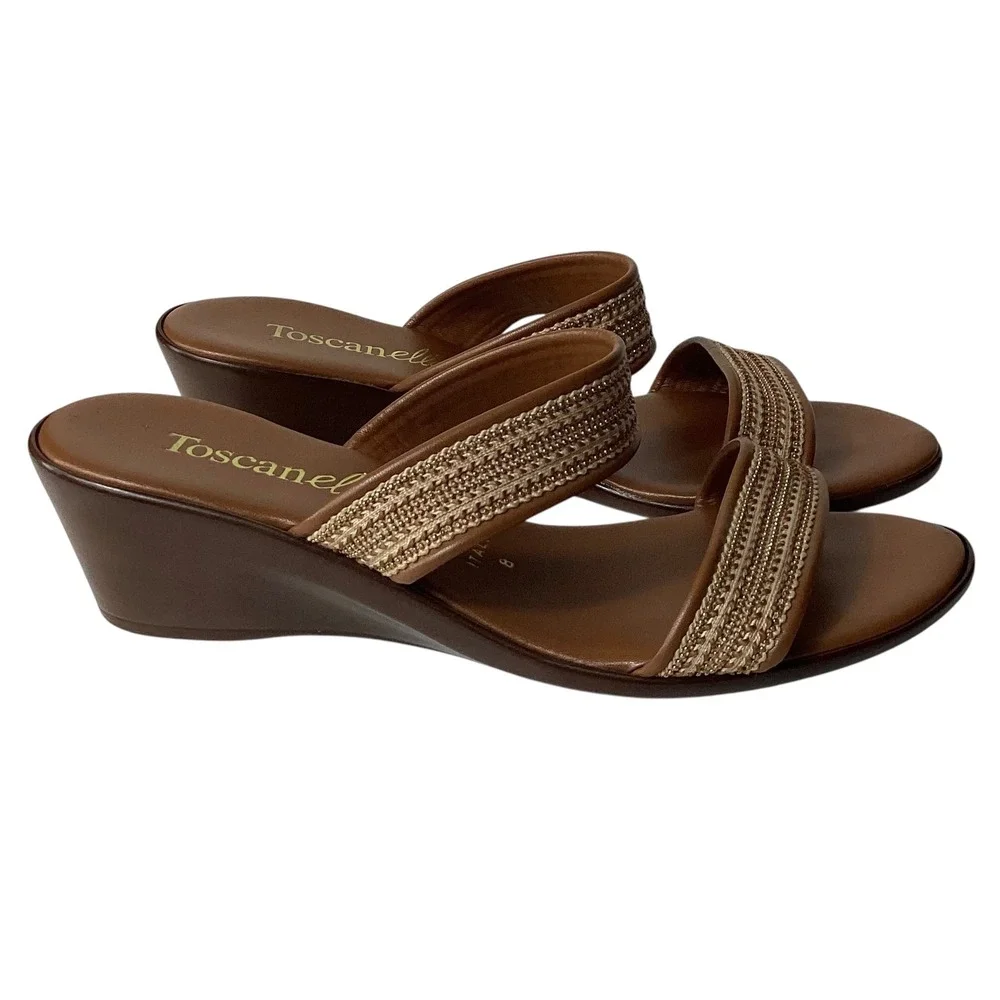 Toscanella Italian Brown Leather Wedge Sandals Gold Woven Slides Size 8 Italy